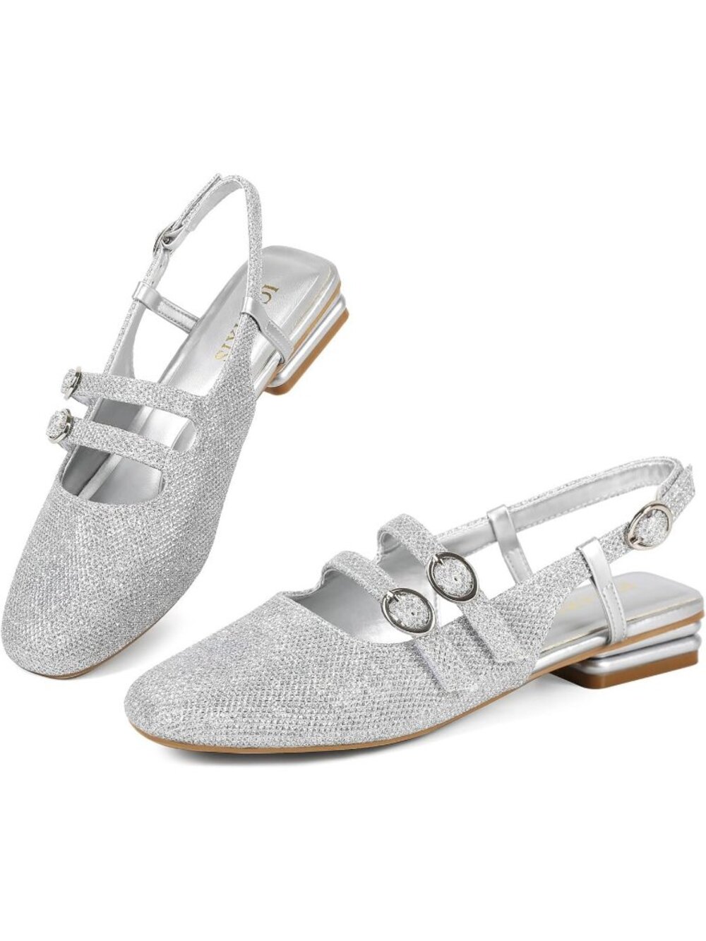 Women's Silver Closed Square Toe Strap Slingback Low Heels Pumps for Party Dress